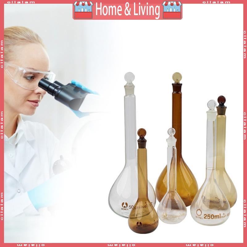 CI 5 10 25 50 100 250 500 1000ml ขวดปริมาตรก้นแบนพร้อมจุกแก้วสําหรับห้องปฏิบัติการโครงการโรงเรียนสีข