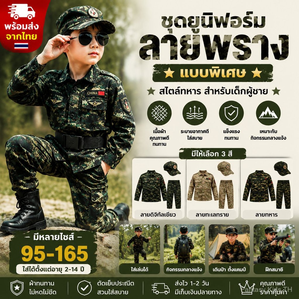 ชุดลายพรางเด็กชาย สไตล์ทหาร ใส่เที่ยวกลางแจ้ง เนื้อผ้าดี พร้อมส่งจากไทย