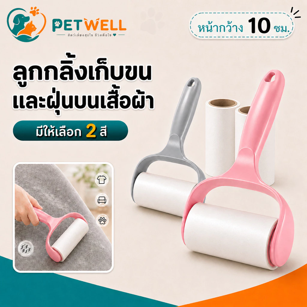 ลูกกลิ้งดักจับเส้นผมและฝุ่นละออง PETWELL ลูกกลิ้งทำความสะอาดช่วยกำจัดขนแมวและสุนัข