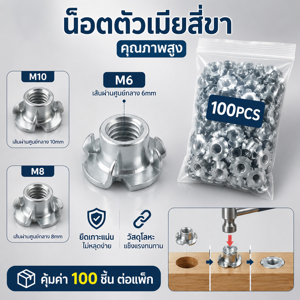 🔥[พร้อมส่ง]🔥น็อตตัวเมียแบบสี่ขา M6 M8 M10 หัวน็อต ตัวเมีย สแตนเลส 304 น๊อตตัวเมีย หัวน็อตติดจาน 100 