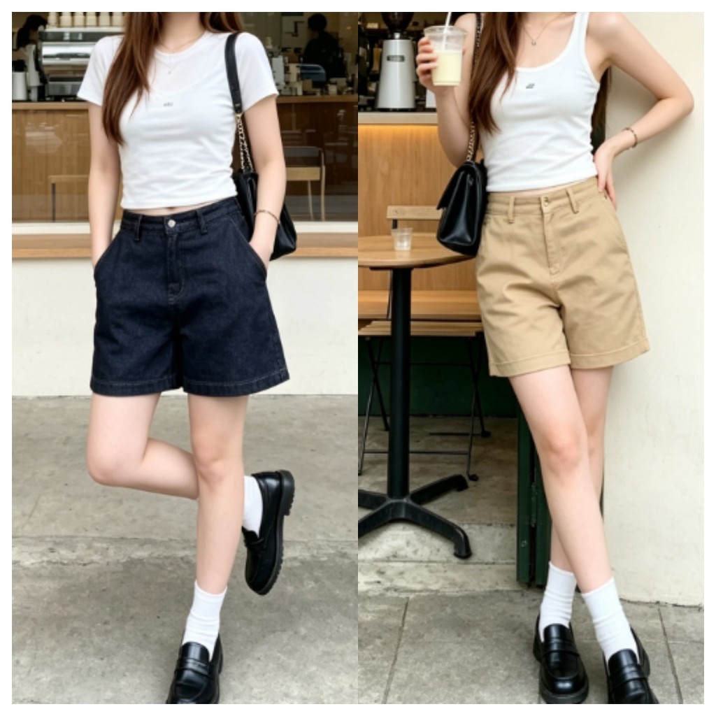 ledusuai กางเกงขาสั้นยีนส์เอวสูง 4เฉดสี ผ้านุ่ม ทรงสวยใส่ง่าย #6674-6677