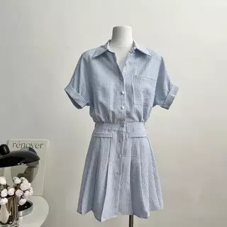mimi เสื้อเดรสเชิ้ต เดรสแขนสั้นคอโปโลลายทางสำหรับผู้หญิงไซส์ใหญ่ มีชุดเดรสทั้งแบบสั้นและแบบยาวให้เลือกค่ะ#99447/448