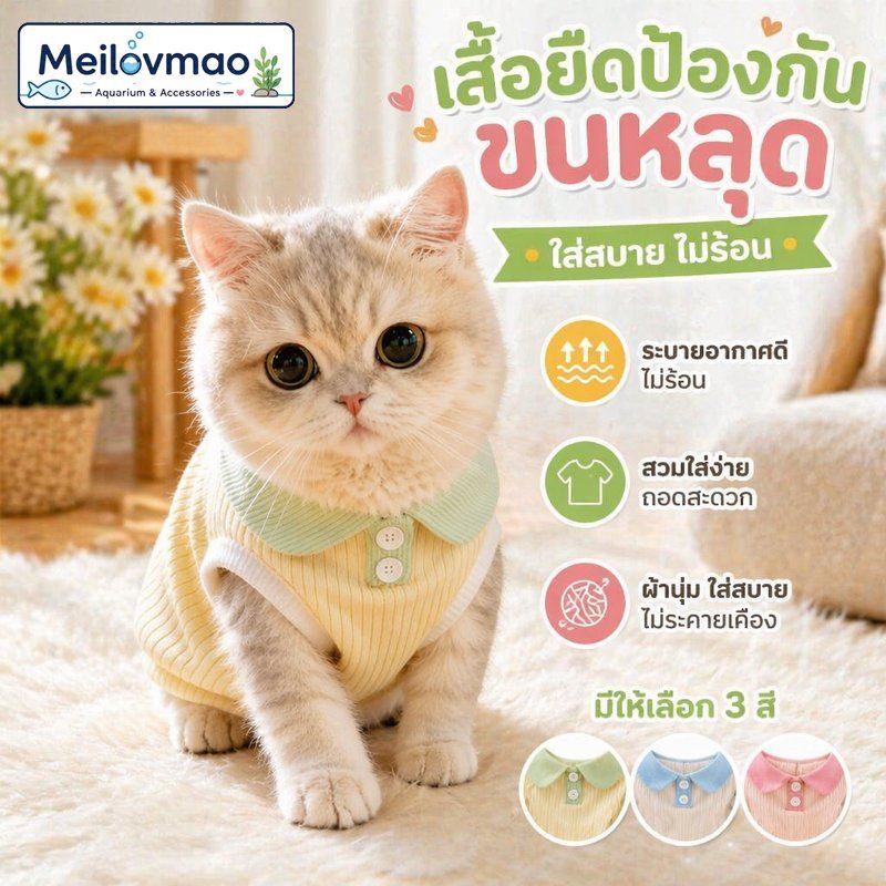 Meilovmao เสื้อผ้าสัตว์เลี้ยง BHQ เสื้อสุนัข เสื้อแมว คอปก สีพาสเทล ผ้าบาง ระบายอากาศ ใส่ง่าย