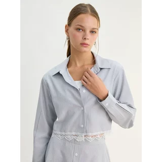 [Pomelo] เสื้อเชิ้ตแขนยาวแต่งขอบลูกไม้ / Lace Trim Long Sleeve Shirt
