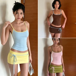 Bella Shop ชุดเซตผู้หญิง ชุดเสื้อสายเดี่ยวกับกระโปรงS-2XL ทรงสลิม ดีไซน์เก๋ไก้และเซ็กซี่ หลายสี