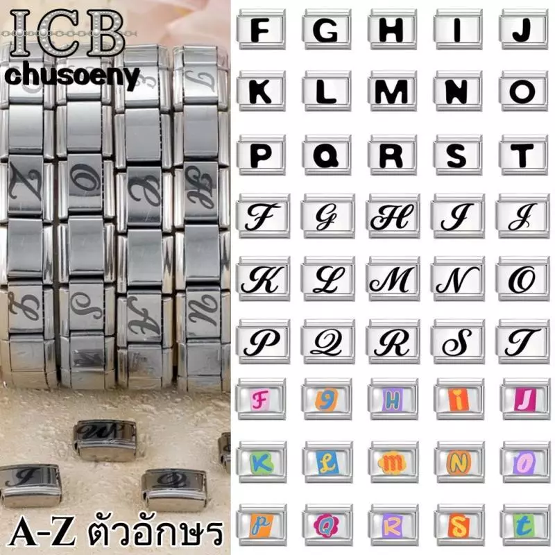 สร้อยข้อมือcharmตัวอักษรAZ สไตล์อิตาเลียน สีดำ ขนาด9มม. จากสแตนเลส DIY เครื่องประดับretro