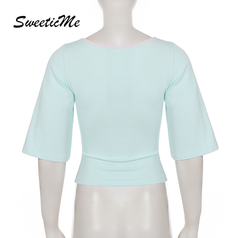 SweeticMe เสื้อสตรี 2026 ใหม่แฟชั่นคอวี Lacing Contrast สีเสื้อยืดแขนสั้น — صورة 8