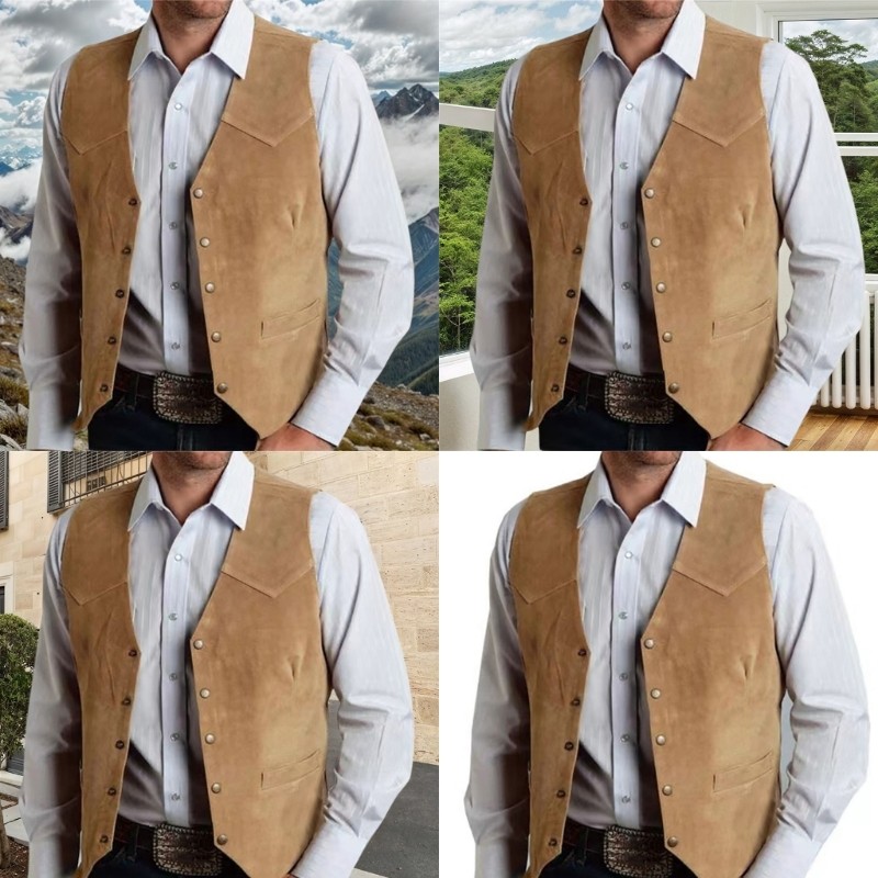 Men's Suedes Vest Cowboy Style Western Waistcoat Casual Slim Fit Suit Vest