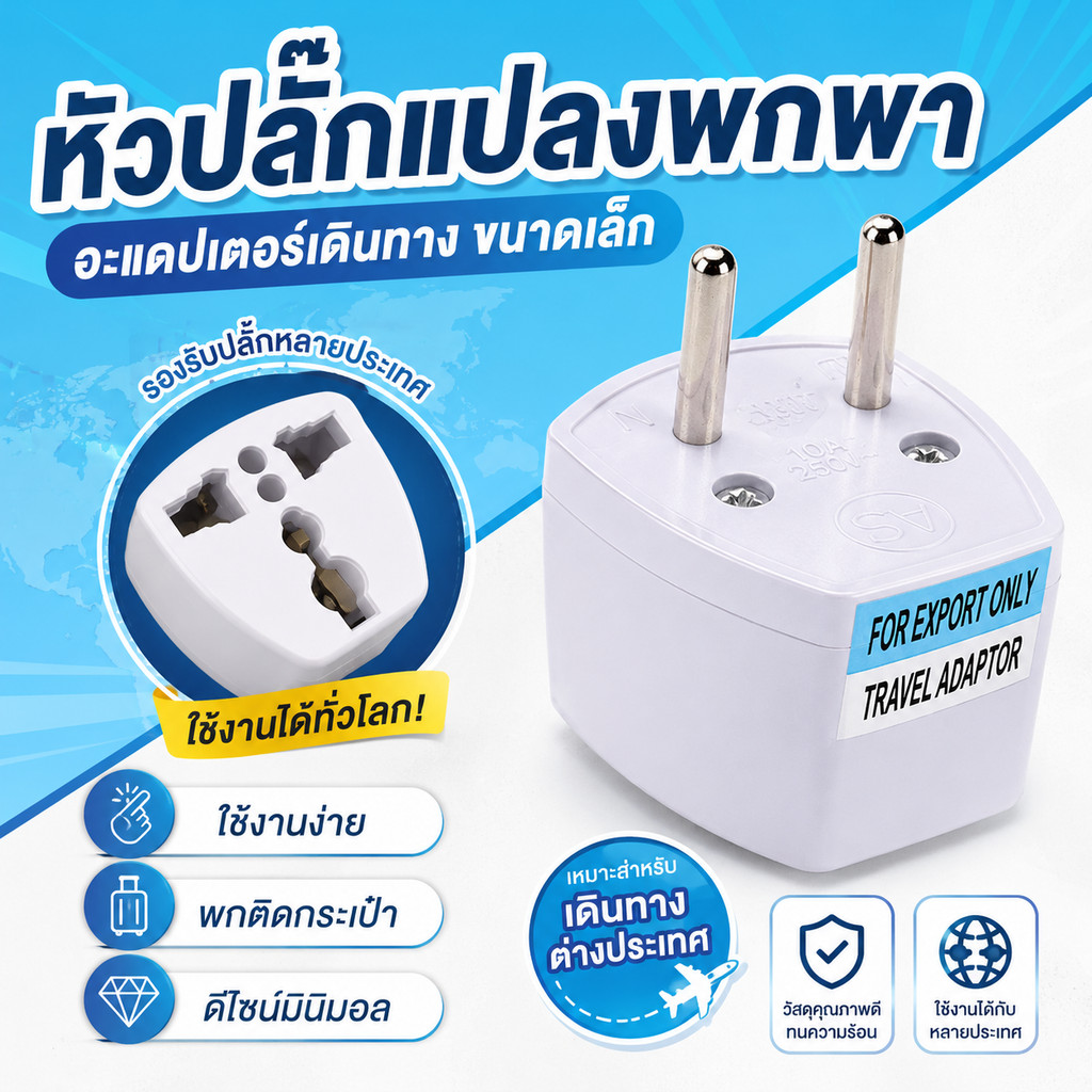 ตัวแปลงขา plug 3 ขา เป็น 2 ขากลม 1ตัว  plug สำหรับแปลงช่องเสียบ 2ขาแบบกลม