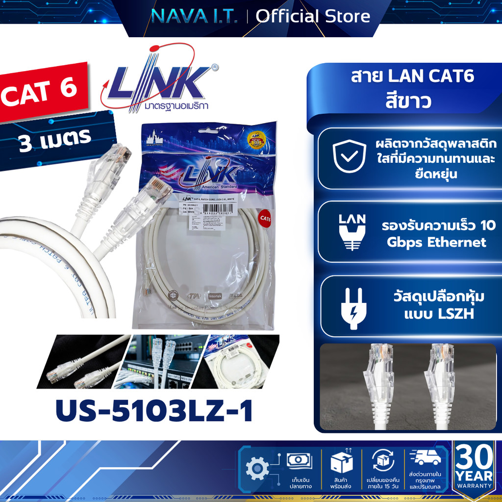LINK US-5103LZ-1 สายยาว 3 เมตร WHITE CAT6 RJ45 PATCH CORD LSZH 3M. LAN CABLE ประกัน 30ปี