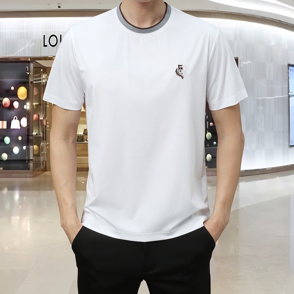 NLLJ Loro Pian * เสื้อยืดผู้ชายแขนสั้น Old Money Style เสื้อยืดคอกลมครึ่งแขน
