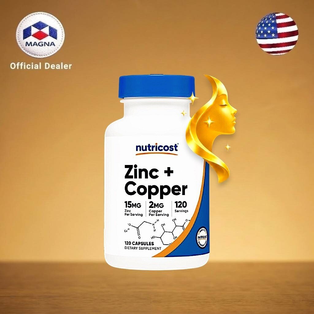 นูทรีคอสท์ ซิงค์ 15 mg + คอปเปอร์ 2 mg x 120 เม็ด สังกะสี + ทองแดง Nutricost Zinc + Copper /กินร่วมกับ แอสต้าแซนทีน ค...