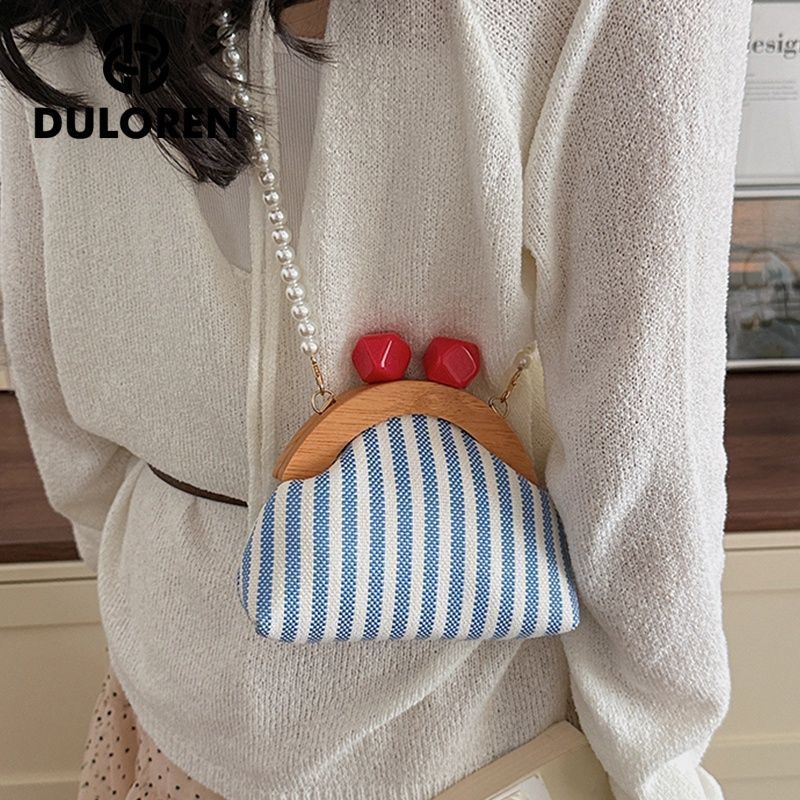 Pearl Chain Shoulder Messenger Bag Shell Bag Vacation Stripes Mini Bag