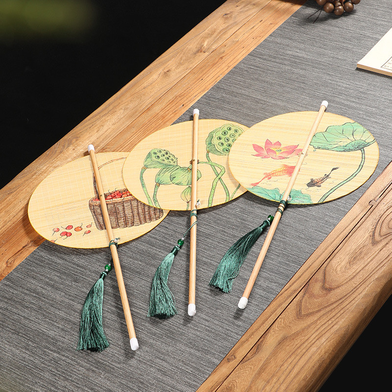 Handmade bamboo-woven waist fan, classical Hanfu round fan, dance fan, round bamboo fan, long-handle