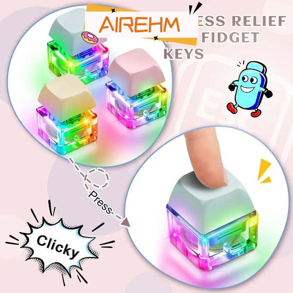 AIRE1HM พวงกุญแจ Fidget, ปุ่มกดพร้อมหมวกคีย์บอร์ดนิ้วแสง, บรรเทาความเครียด DIY ปุ่มคีย์บอร์ดของเล่นหยิก