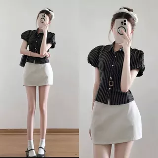 mimi&didi-เสื้อเชิ้ตแขนสั้นลายทางผู้หญิง คอปก มีแขนพัฟ เอวสั้น ทรงสลิมฟิต ทำจากผ้าฝ้ายและผ้าลินินเนื้อนุ่ม น่ารัก-w767