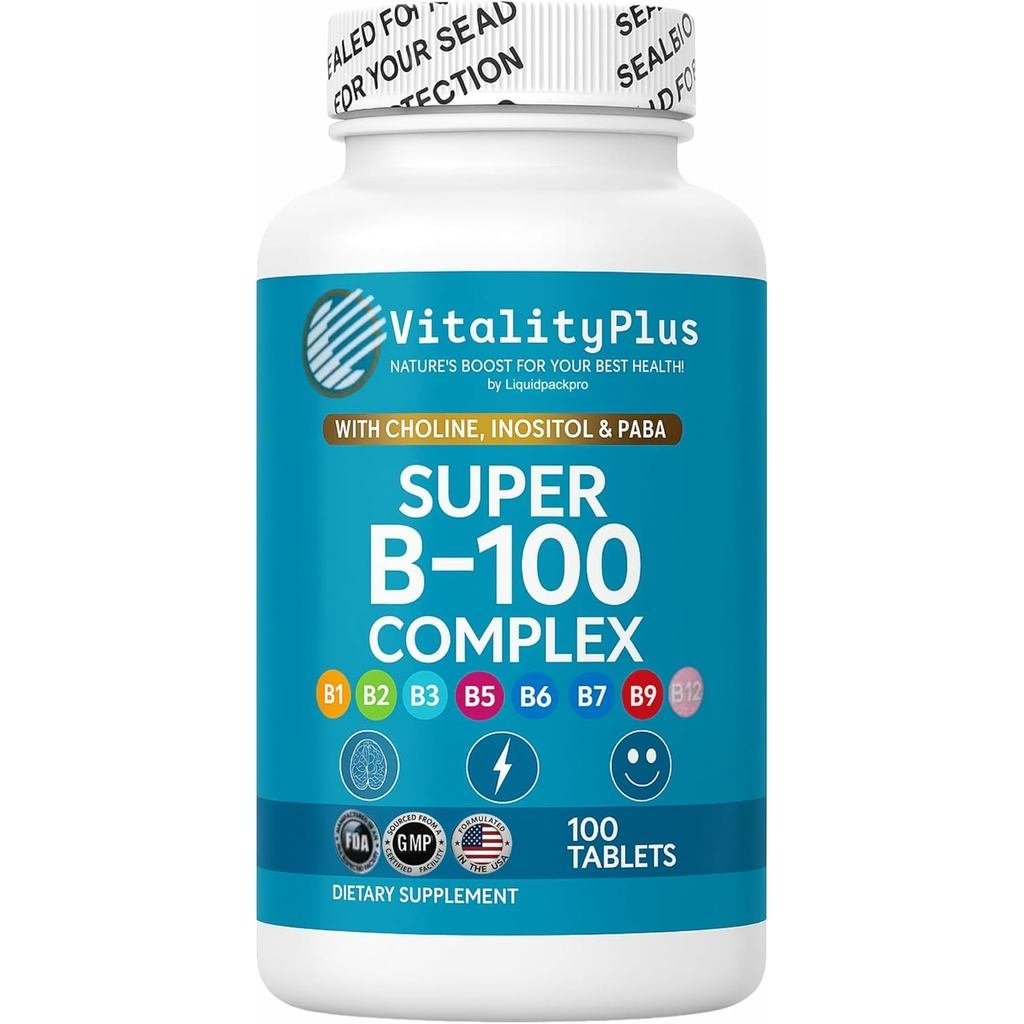 Super B-100 Complex – วิตามิน B ทั้งหมดรวม B12, B1, B2, B3, B5, B6, B7, B9, Foulite – B-Vitamins wit