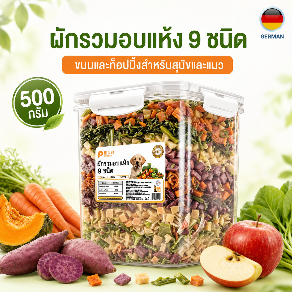 PetClear ผักรวมอบแห้ง 9 ชนิด 500g สำหรับสุนัขและแมว ขนมสัตว์เลี้ยง โรยอาหารได้