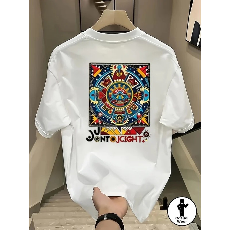Aztec-Inspired สีสัน Sun Calendar Graphic Tee พร้อม Tribal Art 100% Cotton เสื้อยืดผู้ชายฤดูร้อนชาติ