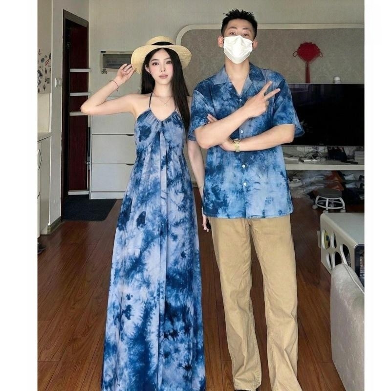 เดรสคู่รักสีฟ้าลายมัดย้อม สไตล์วันหยุด ชุดเที่ยวทะเล ดีไซน์เรียบหรู สําหรับกลุ่มเฉพาะ เหมาะสําหรับฤดูร้อนโดยทะเล A80