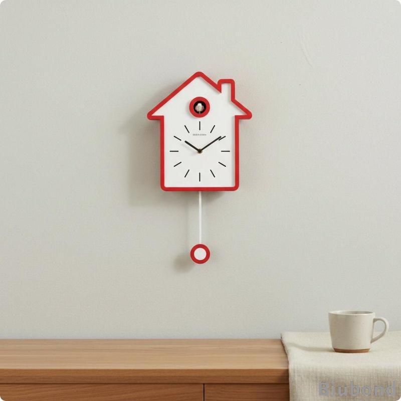 [Biubond] Nordic Cuckoo Clock Night Shutoff Wood Cuckoo Wall Clock ดําเนินการสีแดง