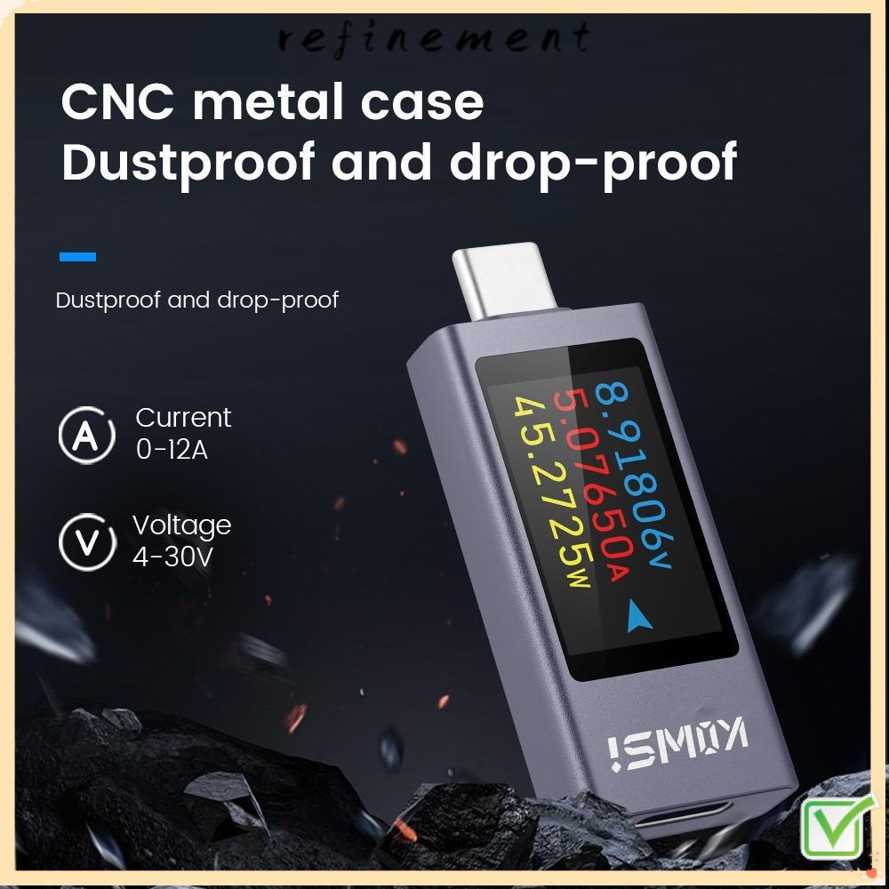 REFINEMENT Current และแรงดันไฟฟ้า, DC 4-30V 0-12A Type-C Power Meter Tester, แบตเตอรี่ความจุ PD จอแส
