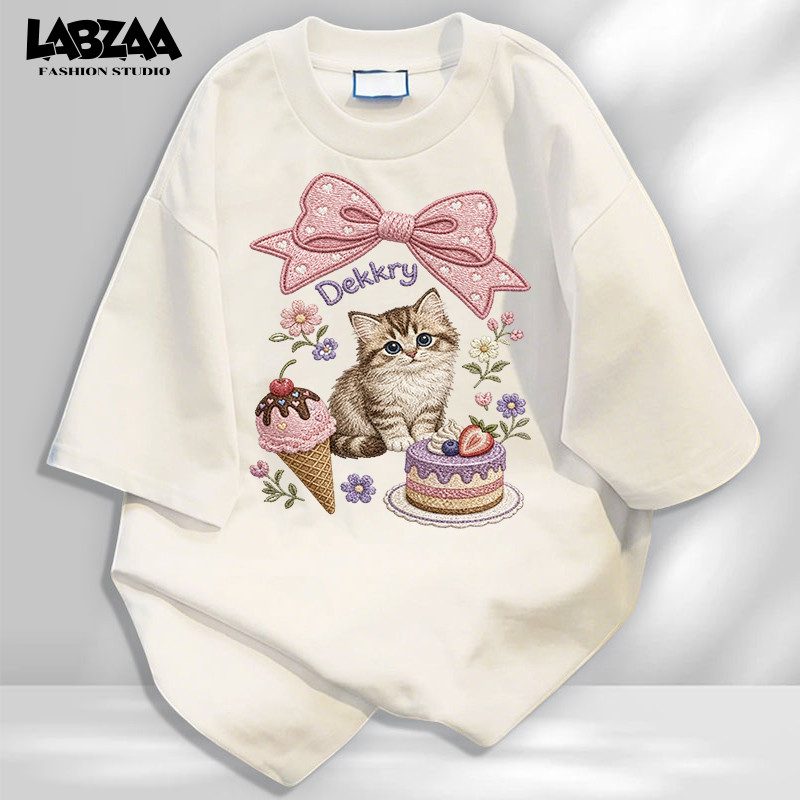 【จัดส่งจากกรุงเทพฯ】LABZAA ยอดนิยมสไตล์อเมริกัน🌟ทรงหลวม ยับยาก ลายเค้กและไอศกรีมการ์ตูน YG1557