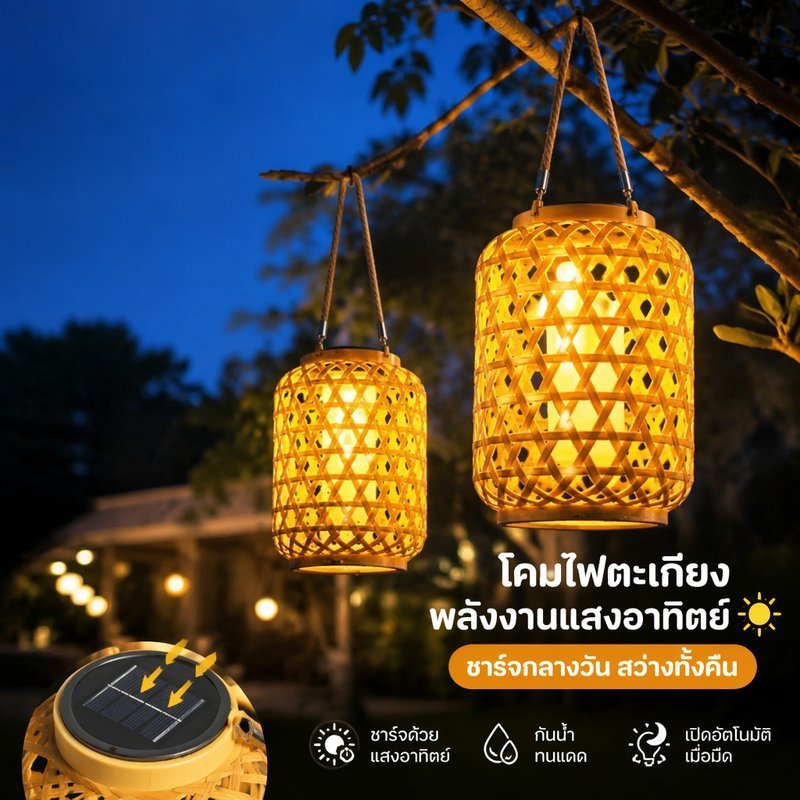 โคมไฟไม้ไผ่พลังงานแสงอาทิตย์กันน้ํา Led แขวนตกแต่งสวนกลางแจ้ง Handmade Pathway ระเบียง