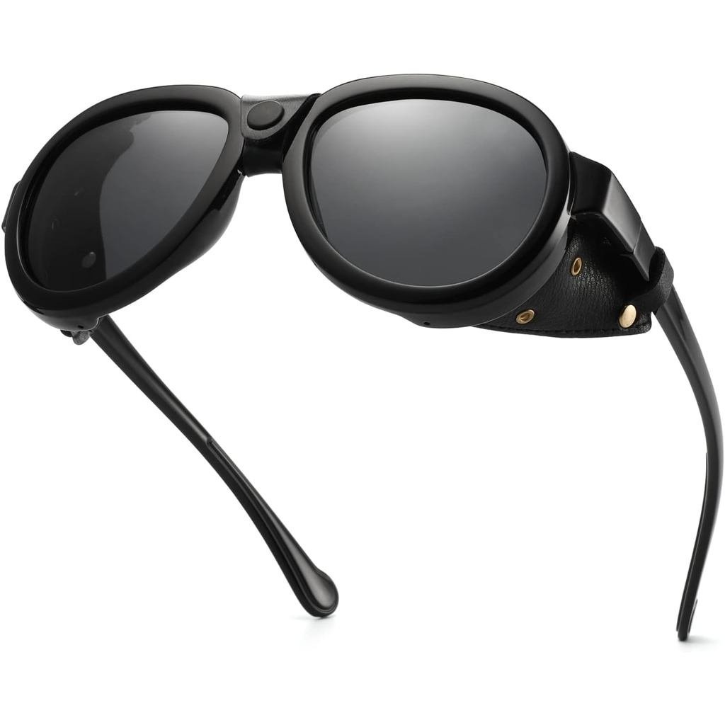 Retro Aviator Steampunk แว่นตากันแดดโพลาไรซ์หนังด้านข้าง Shield Vintage Goggles Gothic แว่นตาสําหรับ