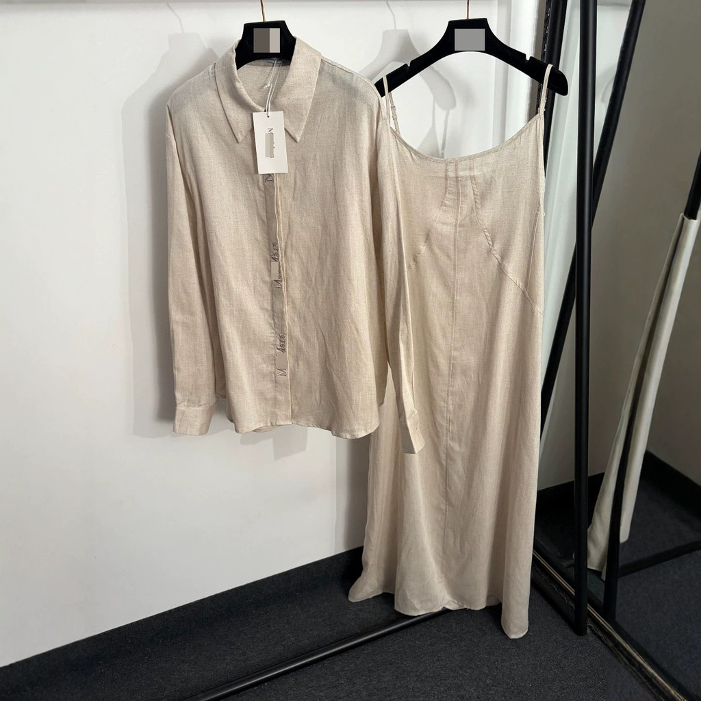UMME MaxMar * Temperament Slim-fit Linen Suit logo เสื้อเชิ้ตแขนยาวปักตัวอักษร+ชุดสลิง