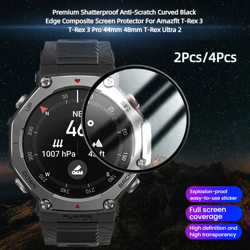 พรีเมี่ยม Shatterproof Anti-Scratch โค้งสีดําขอบคอมโพสิตป้องกันหน้าจอสําหรับ Amazfit T-Rex 3 T-Rex 3