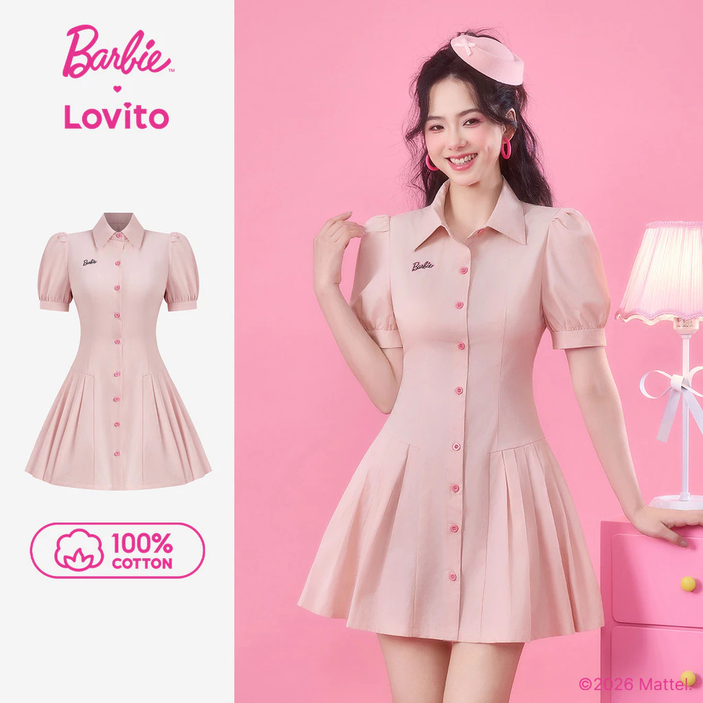 Barbie™ X Lovito แคชชวล เดรสปักลาย ผ้าฝ้าย 100% ติดกระดุม สีชมพู สำหรับผู้หญิง ฤดูใบไม้ผลิ/ฤดูร้อน เกาหลี อินเทรนด์ LB1AD025