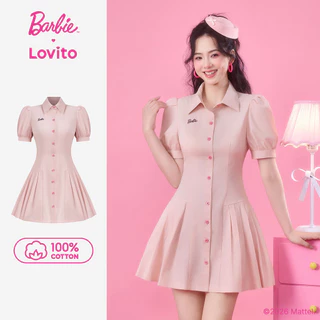 Barbie™ X Lovito แคชชวล เดรสปักลาย ผ้าฝ้าย 100% ติดกระดุม สีชมพู สำหรับผู้หญิง ฤดูใบไม้ผลิ/ฤดูร้อน เกาหลี อินเทรนด์ LB1AD025