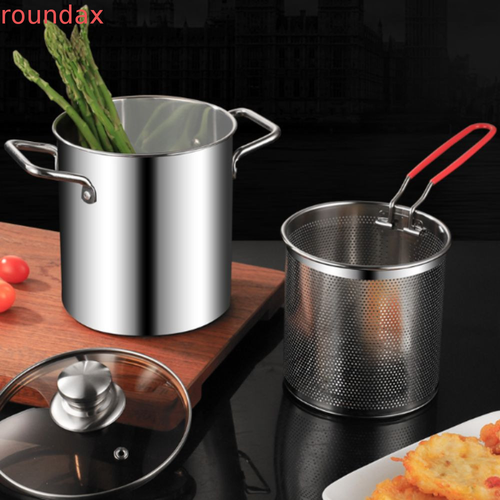 ROUNDAX หม้อทอด,ฝาแก้วสองหูหม้อทอดลึก,เครื่องครัวมินิกันสนิมพร้อมตะกร้ากรอง Tempura Fryer Induction Cook-top
