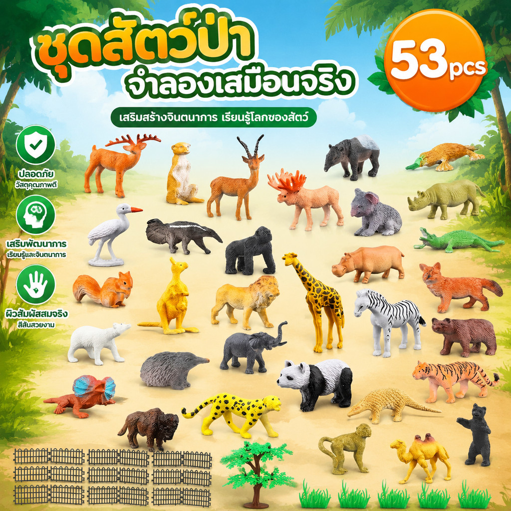 ของเล่นจำลอง 53 ชิ้น ของเล่นเสริมจินตนาการ ของเล่นสวนสัตว์จำลอง ฟิกเกอร์ Figures โมเดล Model สวนสัตว์จำลอง
