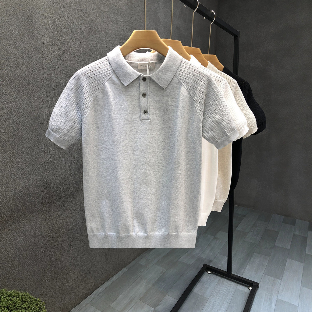 Minimalist สีเทา High-End บางแขนสั้นผู้ชาย Street สวมใส่สบายๆเสื้อถักเสื้อยืดชายฤดูร้อนครึ่งแขน SE2K