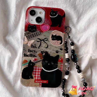 เคสไอโฟน17 สำหรับ iPhone 11 16 13 15 12 14 Pro Max 8 16 7 14 15 Plus XR XS MAX X SE 2020 สร้อยข้อมือแมวสีดำหวาน