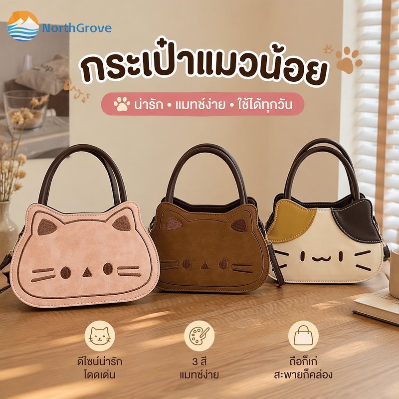 กระเป๋าสะพายข้างผู้หญิงน่ารัก สไตล์สาวหวาน ลายแมวการ์ตูน PU ใบเล็ก ถือได้ สาย 2 เส้น สีทูโทน
