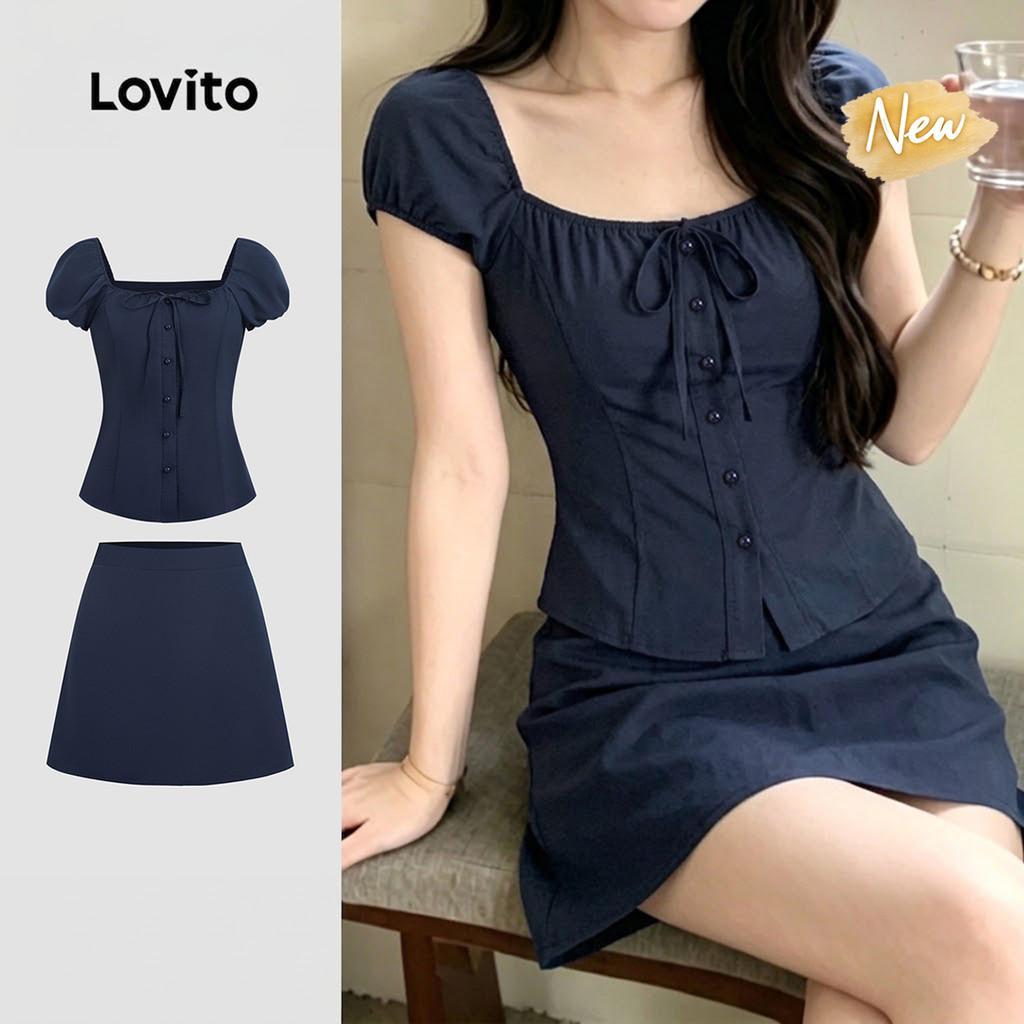 (New Arrival) Lovito เสื้อหรือกางเกงลําลองผู้หญิง สไตล์เรียบง่าย ปุ่ม เหมาะสําหรับฤดูใบไม้ผลิ/ฤดูร้อน สีฟ้ากรมท่า ประจำวัน เกาหลี อินเทรนด์ KSK8TD116