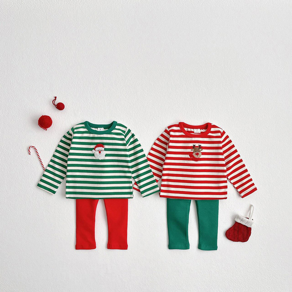 เด็กคริสต์มาสลายชุดนอนชุด Santa Reindeer Applique แขนยาวและกางเกงแข็งวันหยุดชุดนอน