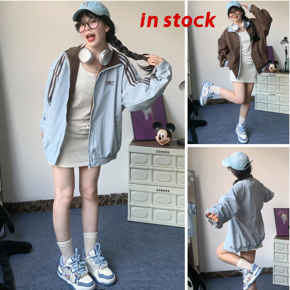 [Grojoy] (คลังสินค้าพร้อม) เสื้อแจ็คเก็ตคอตั้งเย็บสองด้านผู้หญิงสไตล์ใหม่กีฬาลําลองเสื้อแจ็คเก็ตคู่ด้านบน GR3486