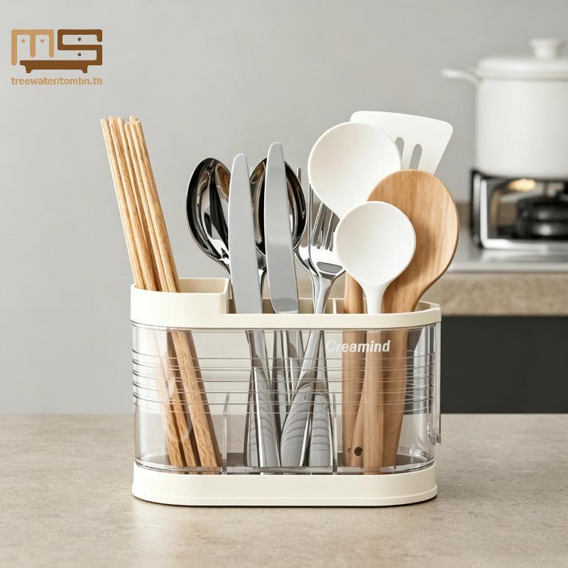 Tt 3 ช่องผู้ถือช้อนส้อมทนทาน Drainable Minimalist Kitchen Organizer สําหรับเคาน์เตอร์ Flatware Storage mbn