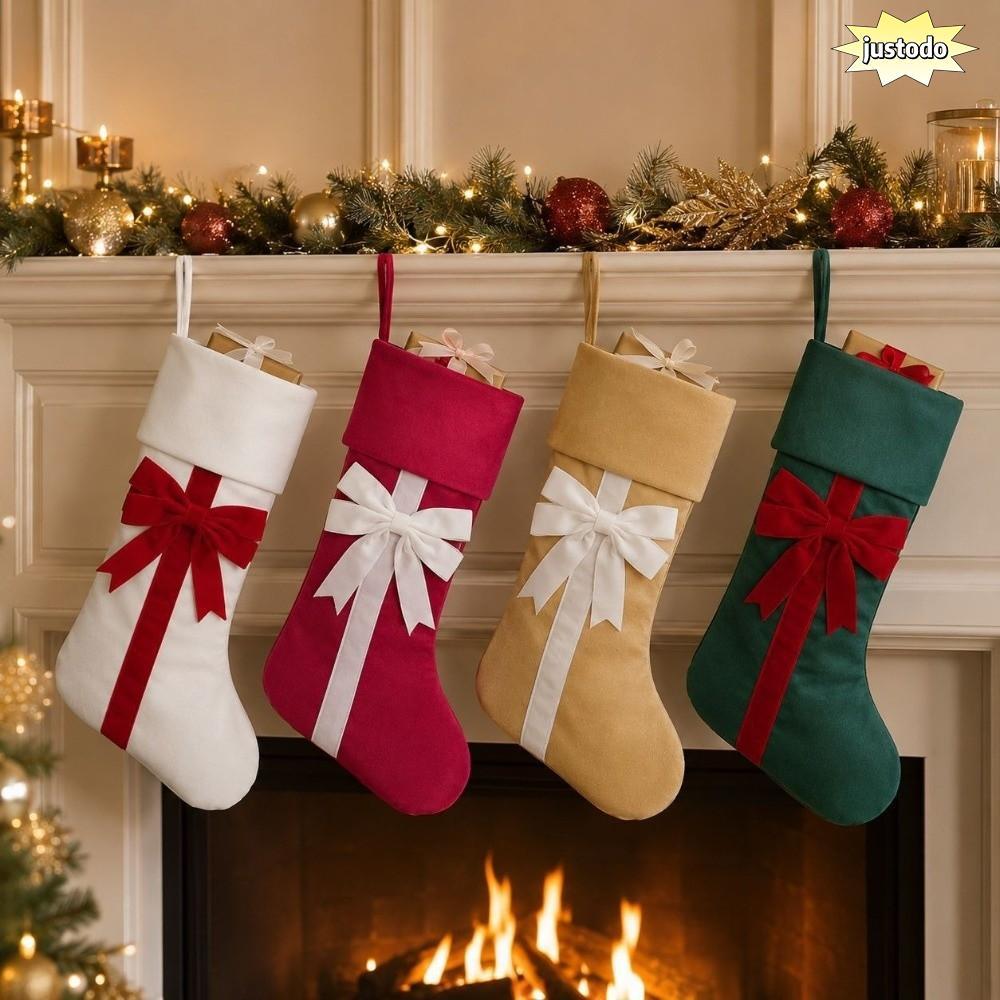 JUSTO กํามะหยี่ Bow Tie Christmas Stocking, พับข้อมือ Holiday Party Christmas Stocking กระเป๋าคริสต์