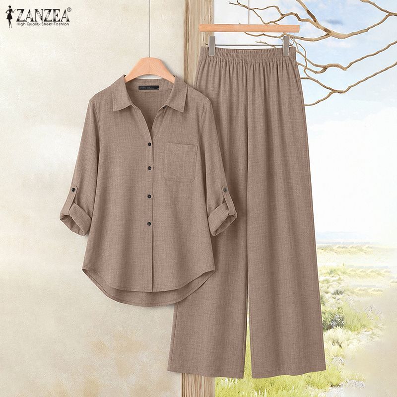 ZANZEA ผู้หญิงเกาหลี Commute Casual Lapel Roll Up แขนปุ่มกว้างเสื้อและกางเกงชุดสองชิ้น — صورة 4