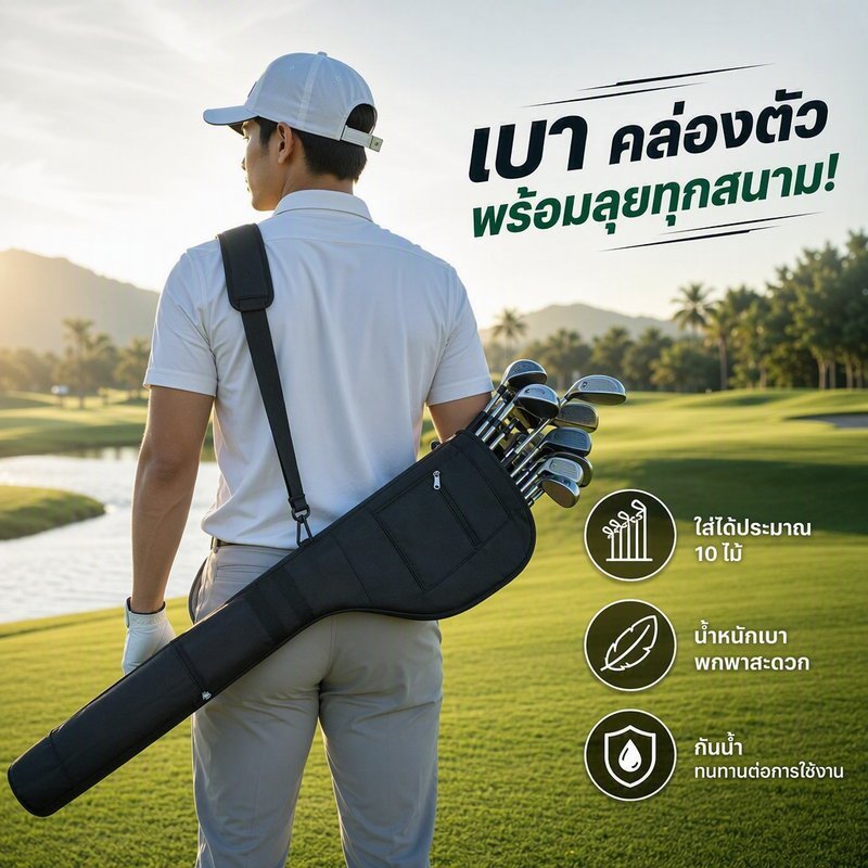 กระเป๋าใส่ไม้กอล์ฟ พับเก็บได้ กันน้ำ น้ำหนักเบา ไนลอน ใส่ไม้กอล์ฟ 10 ไม้ สีดำ เทา น้ำเงิน