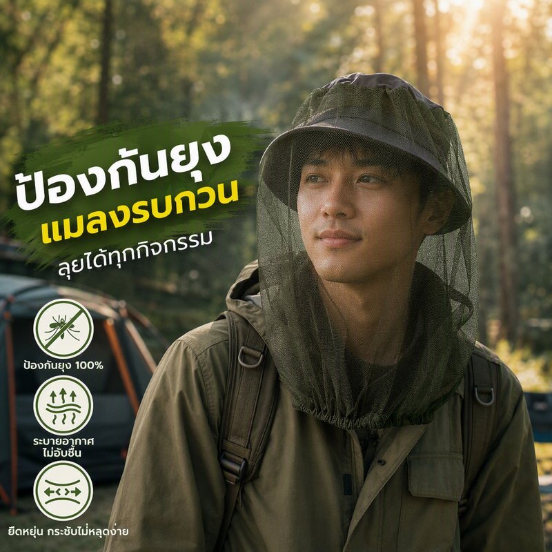 หมวกตาข่ายกันยุง คลุมหน้าและศีรษะ กันแมลง ระบายอากาศ น้ำหนักเบา ยางยืดรอบคอ ชุด 4 ชิ้น