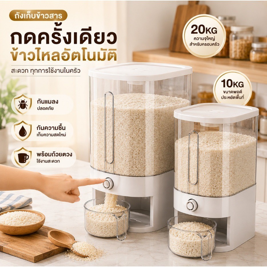 💫รุ่นใหม่💫ถังเก็บข้าวสารแบบกดอัตโนมัติ กล่องเก็บข้าวกันชื้น กันแมลง ซีลแน่น ความจุใหญ่ ใช้งานง่าย สำหรับห้องครัว