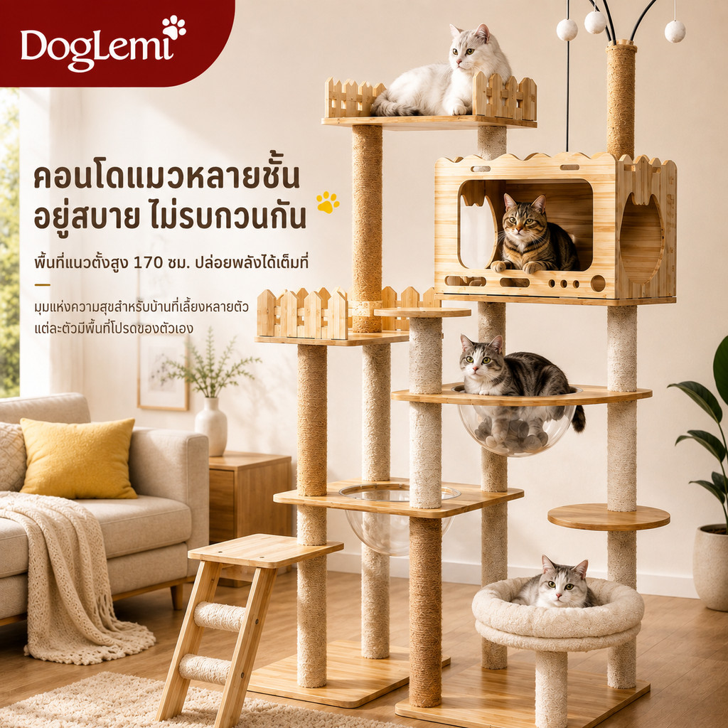 【Doglemi】คอนโดแมวไม้พรีเมียม 170ซม. หลุมอวกาศใส360° บ้านแมวหลายชั้น เสาลับเล็บ รองรับแมวหลายตัว Cat Tree
