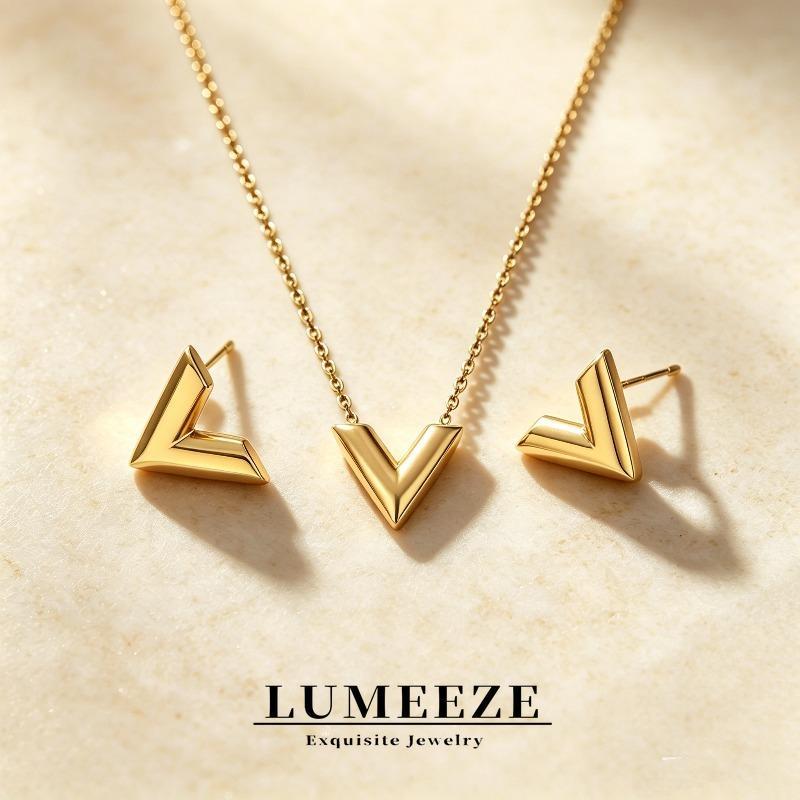 LUMEZE 2 ชิ้น/เซ็ตไทเทเนียมเหล็ก V เริ่มต้นสร้อยคอต่างหูชุดผู้หญิง,จี้ตัวอักษร & Studs, Non Tarnish 