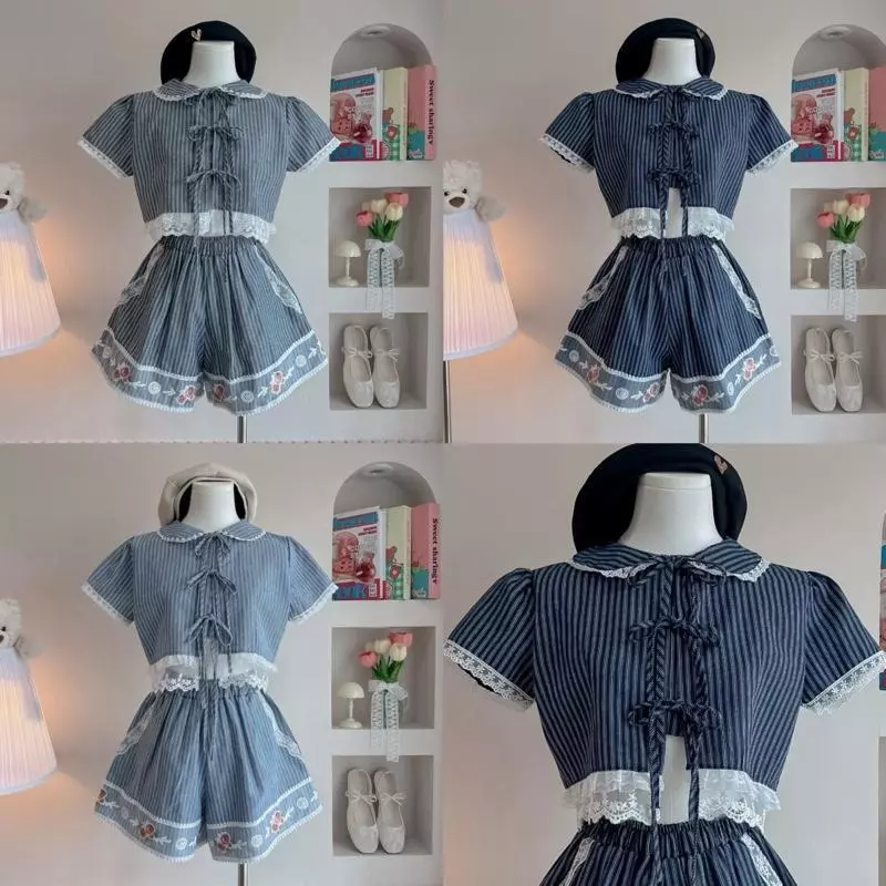 Blue tone v.2 เสื้อครอปแขนตุ๊กตา กางเกงขาสั้นแต่งลูกไม้ (t76+t80)